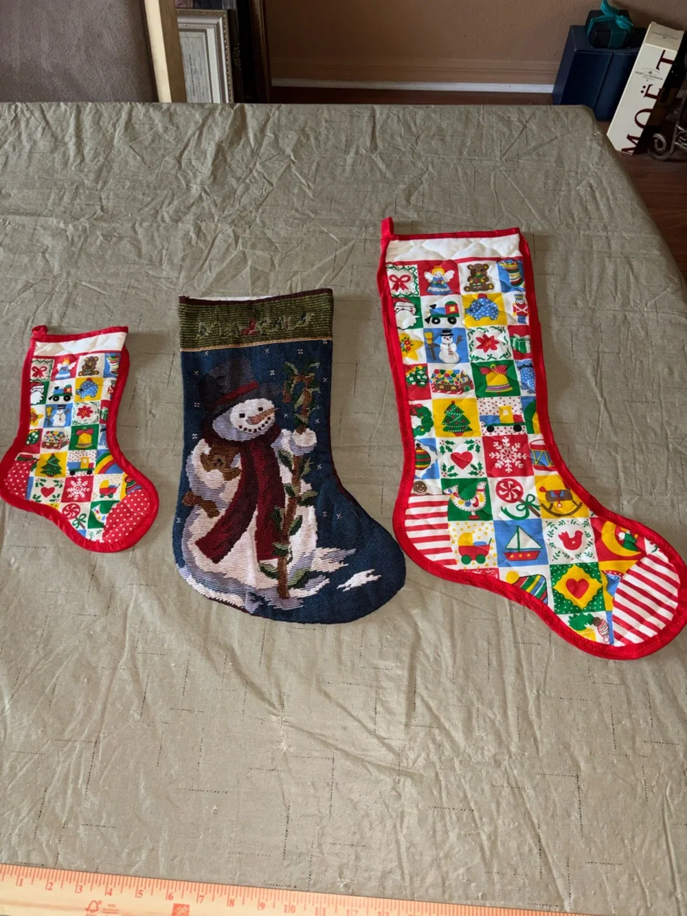 Lot of 3 Vintage Christmas Stockings needlepoint and quilted